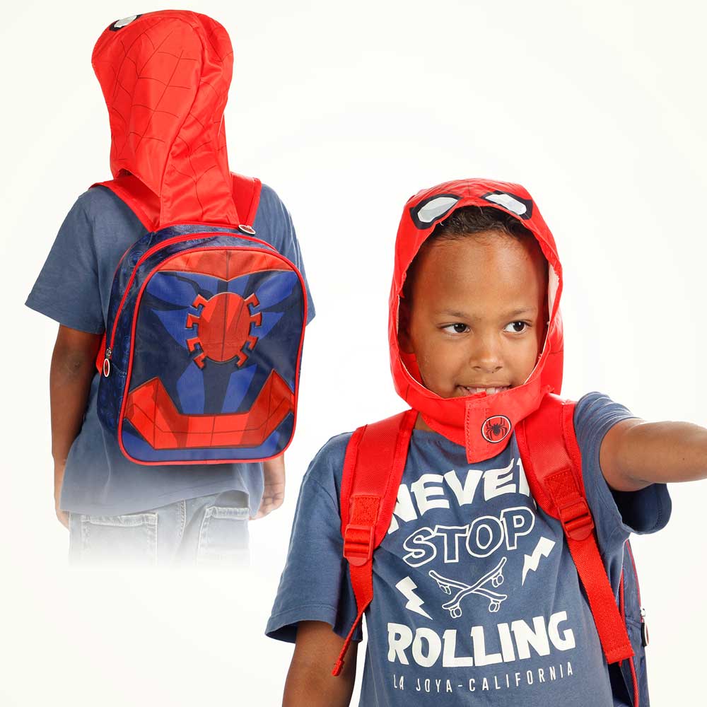 Roter Marvel Spiderman Kinderrucksack mit integrierter Kostümkapuze