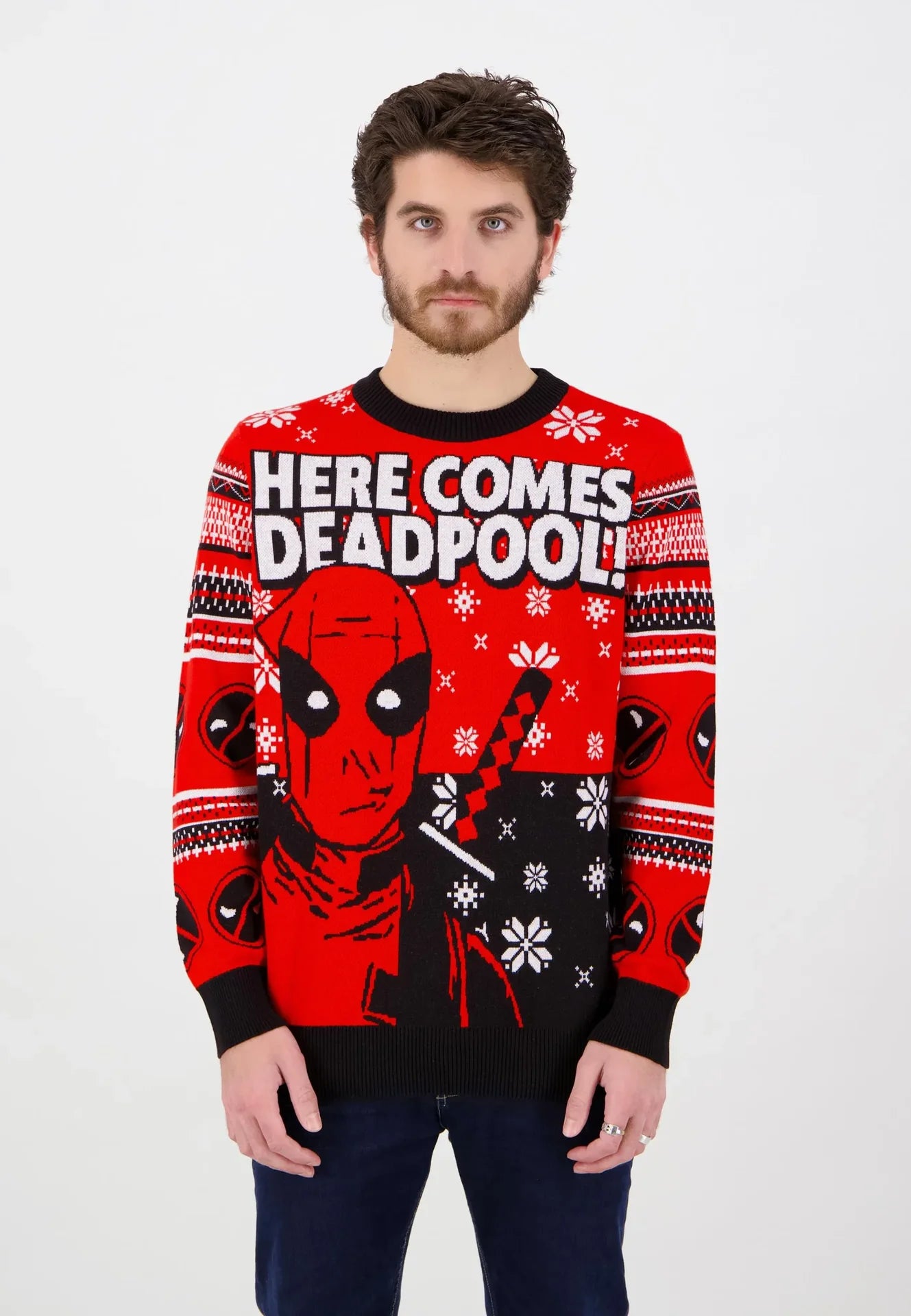 Vánoční svetr s Deadpoolem "Tady přichází Deadpool" 