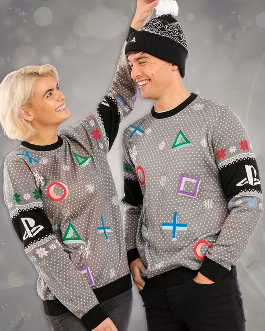 Pull de Noël Symboles Playstation Gris Numskull | Pull moche Sony Funko